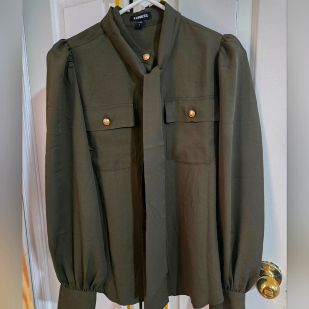 Express Khaki Button-Down Shirt with Gold Accents